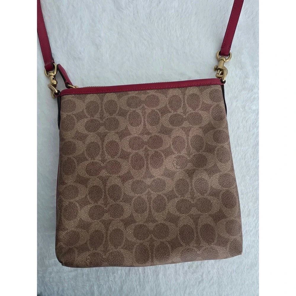 Coach North South Crossbody Bag Signature Canvas Red Leather Trim Gold C Logo
